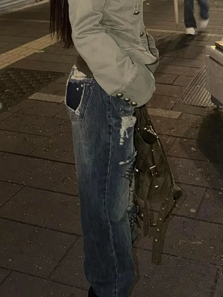 Women Vintage Ripped Y2k Jeans Streetwear American Retro Rivet Hole Design Denim Pants High Street Grunge Trousers Pantalones 3