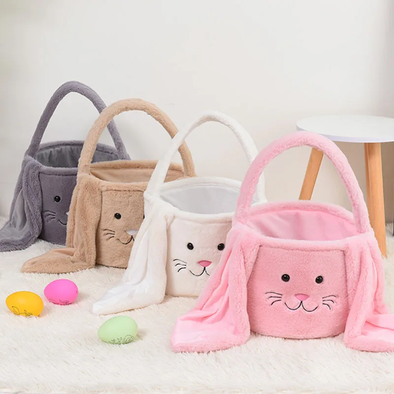 Hot Saling Handtas Fuzzy Lange Oren Easter Konijn Emmer Pluche Harige Konijntje Cadeau Zakjes Easter Mand Party Decor