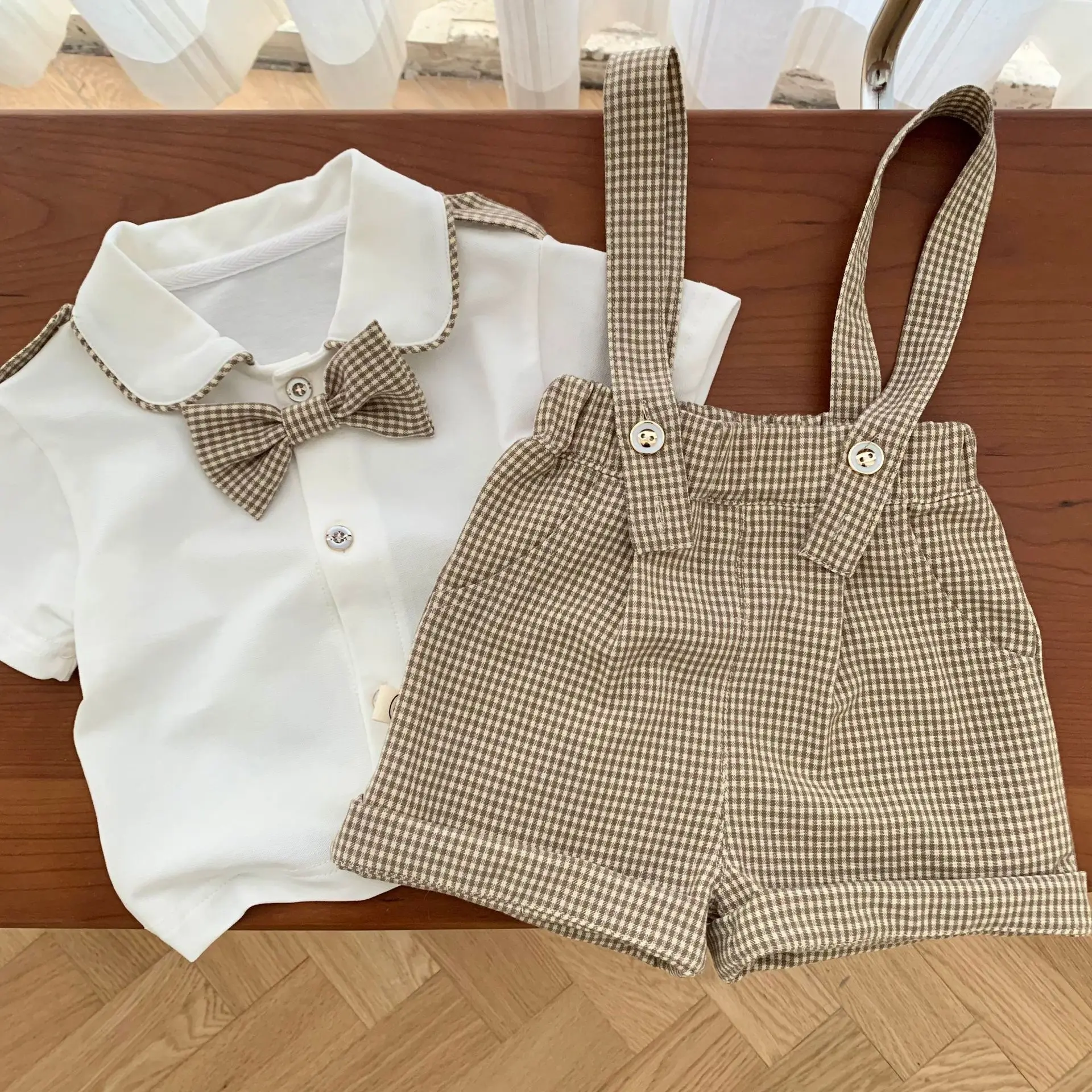 2024 Summer Children Boy Clothes Set Cotton College Style Striped Suspenders Suit Solid White Shirt Include Bow Tie For 0-6Y Boy