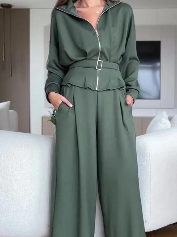 New Lapel Long Sleeve Zipper Tops&Pocket Pants Sets Fashion Casual Women's Sport Sets Elegant High Waist Belt Commute Two Piece