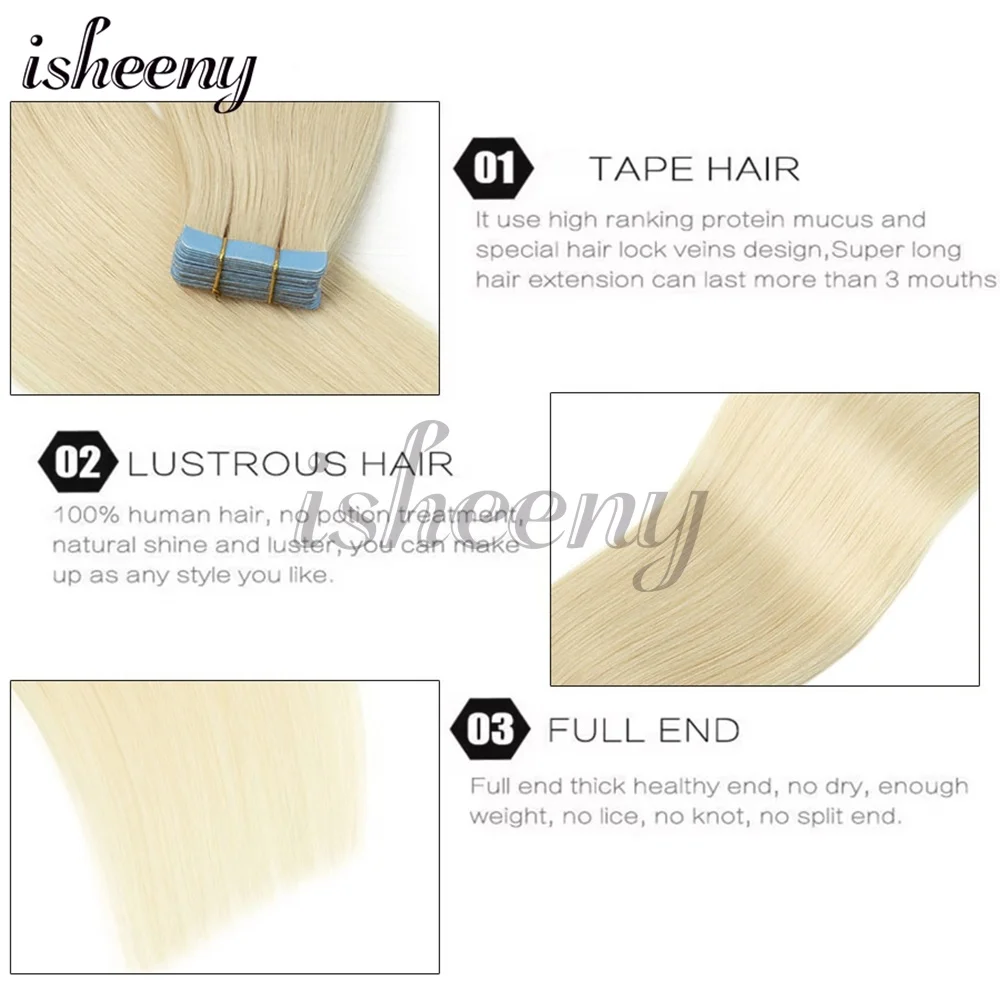 Isheeny Tape in Human Hair Extensions 20pcs/pack PU Skin Weft Tape in Extensions 12-24 inch Machine Remy Human Hiar 40-50g