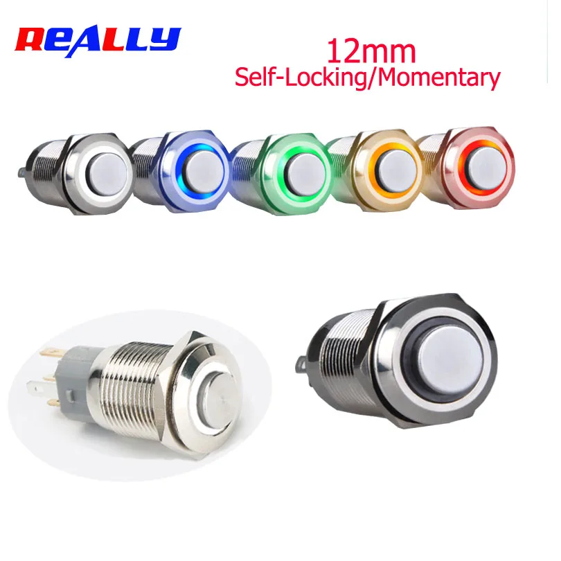

5pcs 12mm 12-24V Waterproof Copper Housing Metal Push-Button Switch High Round Head 5-color LED Lights Red Blue And Yellow