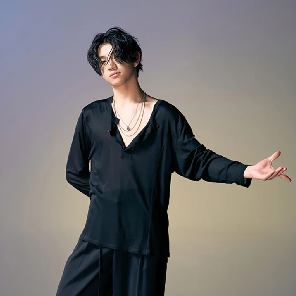 Costume da ballo latino maschile in stoffa per danza latina, costume da tango, manica lunga, scollo a V, abito da ballo latino