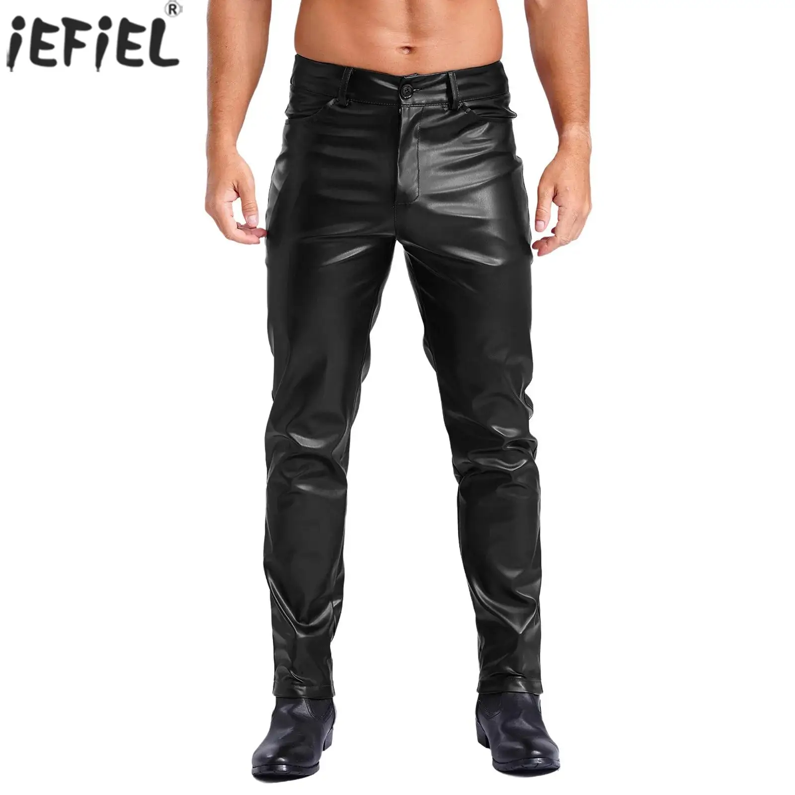 Mens Faux Leather Pants Smooth Lining Straight Suit Pants Punk Motorcycle Stylish for Daily Music Party Costumes