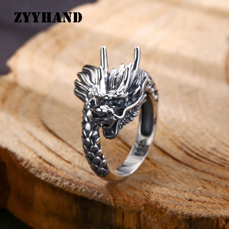 

S925 Sterling Silver Free Size Dragon Ring Black Punk Thailand Style Adjustable Old Process Fine Jewelry FYRNG073