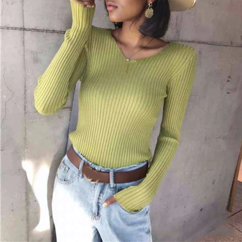 

V-neck Long Sleeve Basic Bottom Sweater Women Spring Autumn Fashion Tops Solid Color Slim Knitted Casual Shirt Versatile Simple