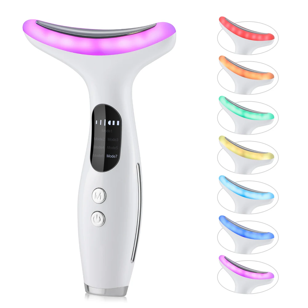 Dispositivo de belleza para cara y cuello con luces LED de 7 colores, masaje por vibración, mejora las líneas del cuello, uso doméstico, máquina de estiramiento facial, 7 modos, 3 niveles