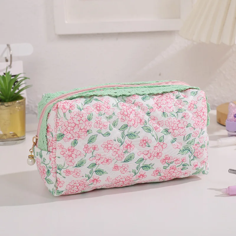 1PC Flower Printed Puffy Quilted Zipper Makeup Bag Storage Organizer Toiletry Handbag Cosmetic Pouch Large Travel Cosmetic Bag