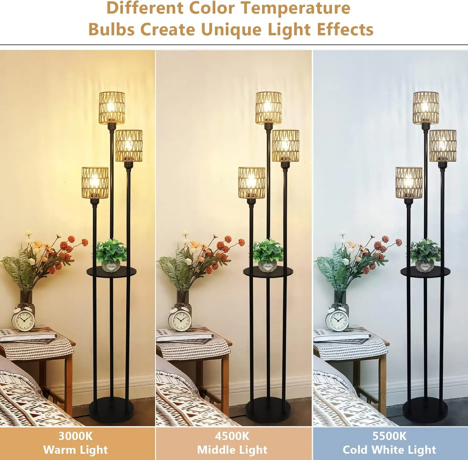 Boho Floor Lamp With Shelves, 3-Lights Farmhouse Tall Floor Lamp With On/Off Foot Switch, Rustic Standing Lamp With Rattan