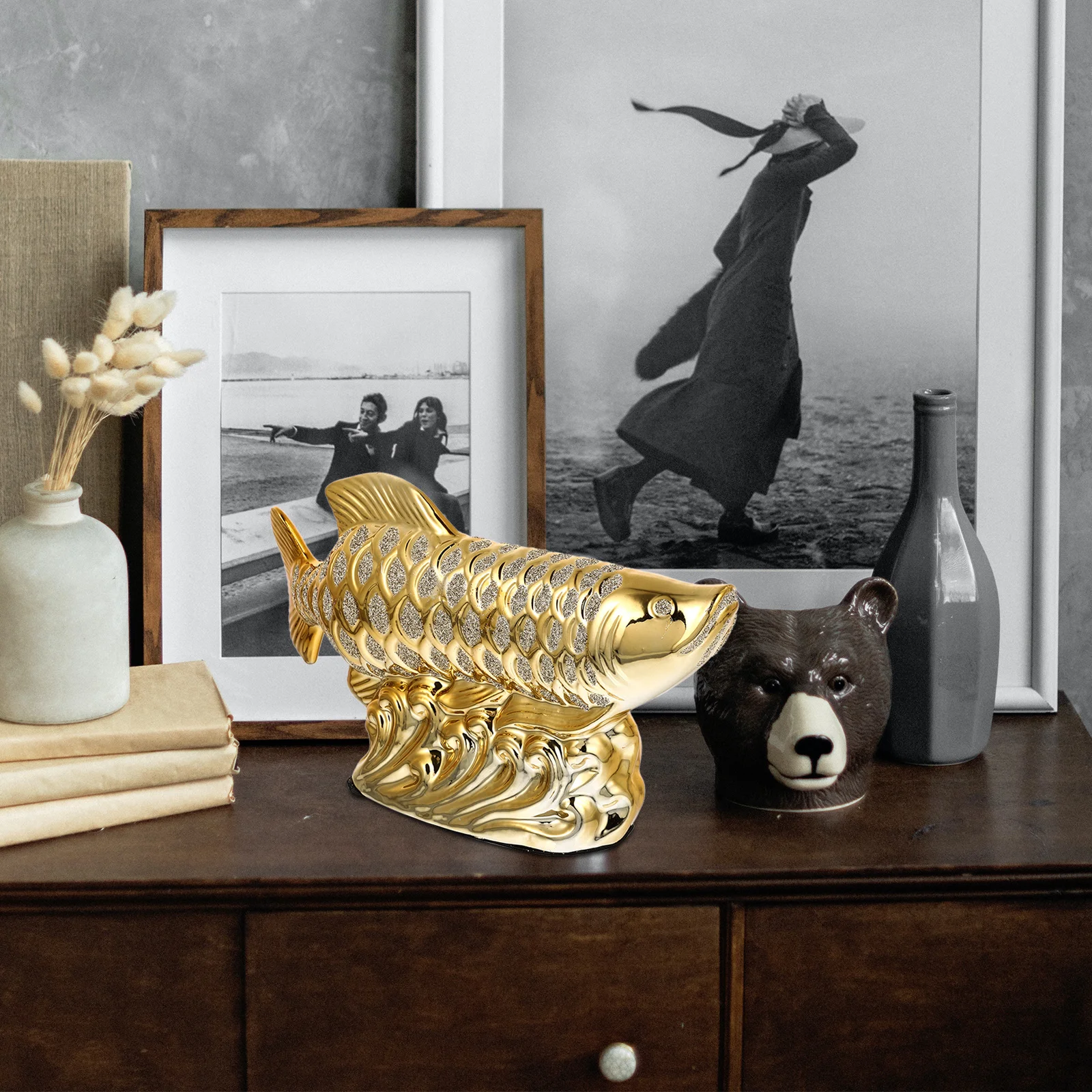 

1Pcs Gold Dragon Fish Ceramic Desktop Ornament Fish Design Creative Indoor Tabletop Decor Ceramic Craft Ornament