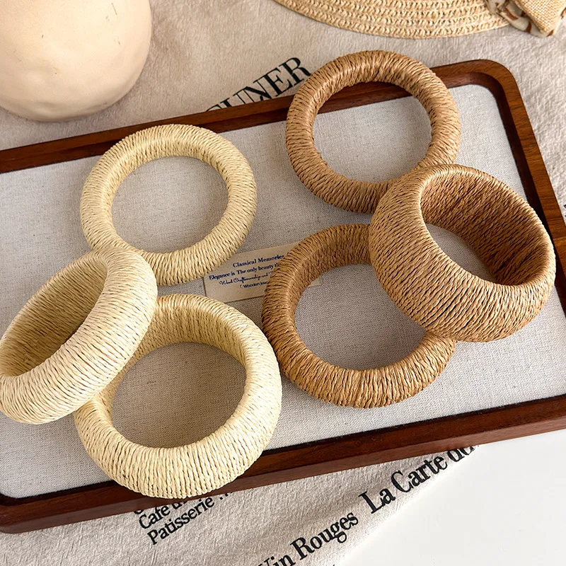Braided Straw Wood Bracelet Vintage Ethnic Beach Vacation Statement Handmade Lightweight Dual Tone Jewelry for Women