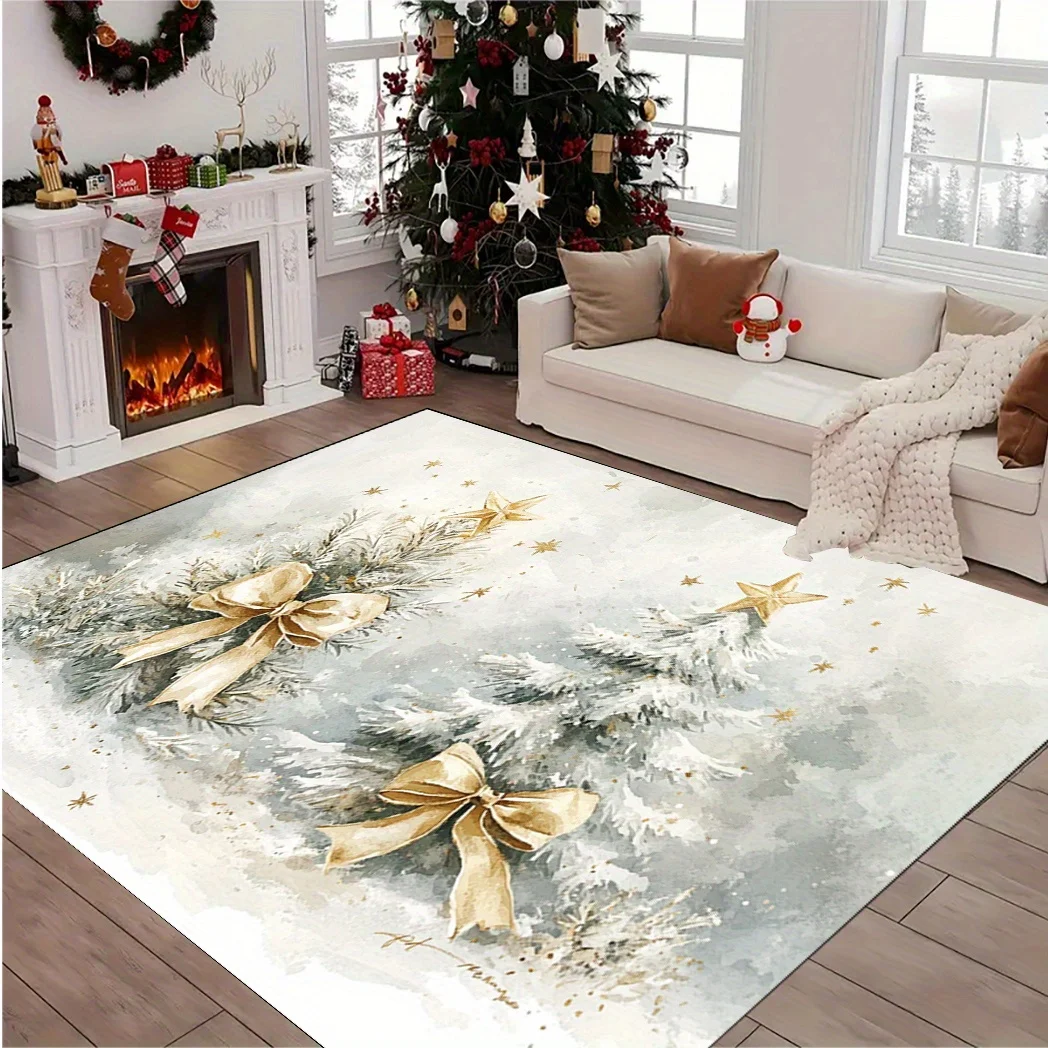 

Christmas Tree Design Door Mat with Golden Bows and Stars - Anti-Slip, Washable Polyester Welcome Mat for Indoor/Outdo