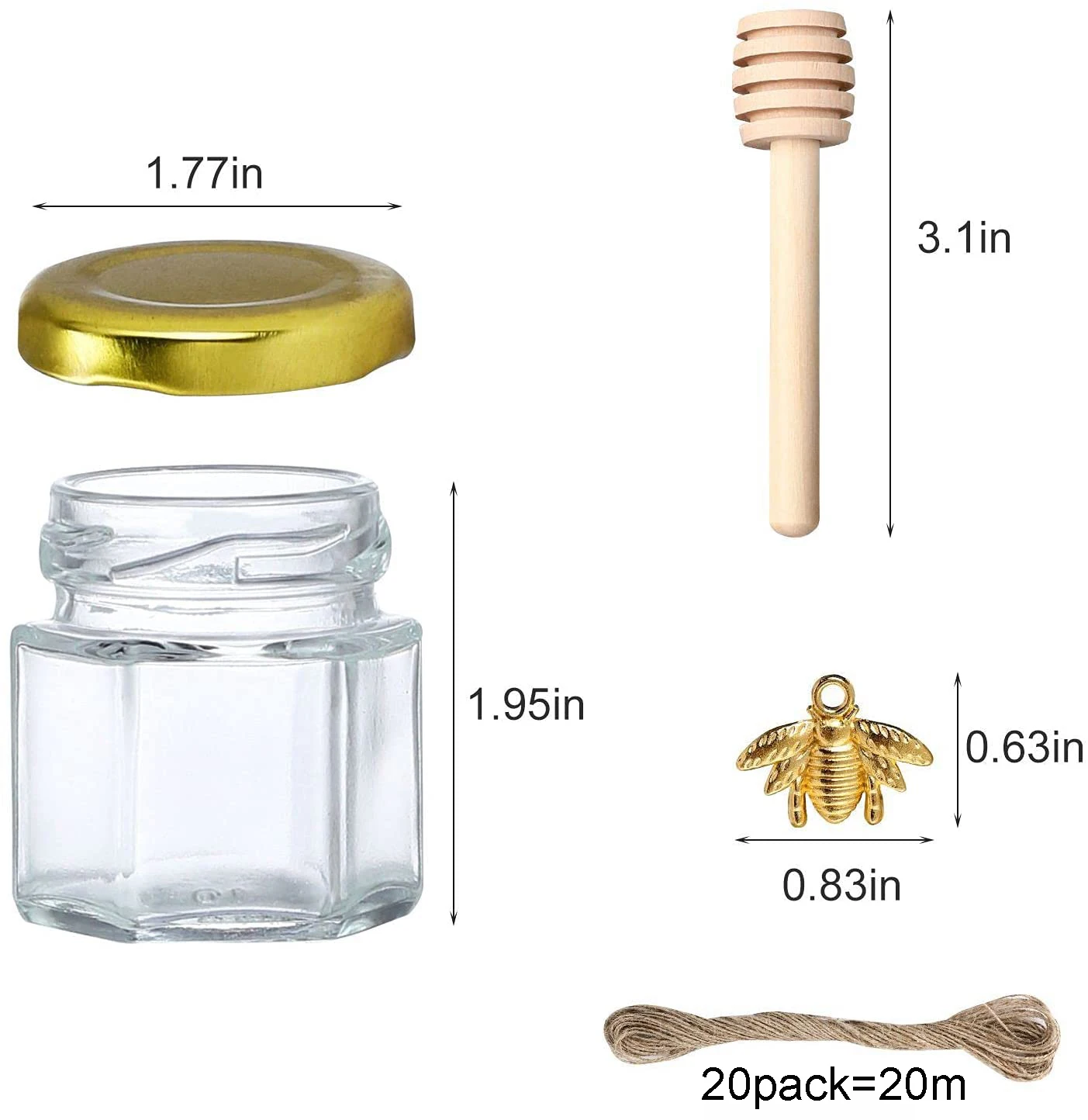 20PCS 1.5OZ Honey Glass Hexagonal Party Favors Empty  Bee Pendants Gold Lid Mini Hexagons Glass Honey Jar With Wooden Dipper