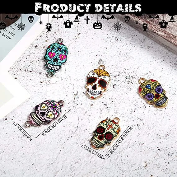 13pcs Halloween Sugar Skull Charms Day of The Dead Charms Flower Skull Charms Enamel Pendant Necklaces Bracelets DIY Accessories