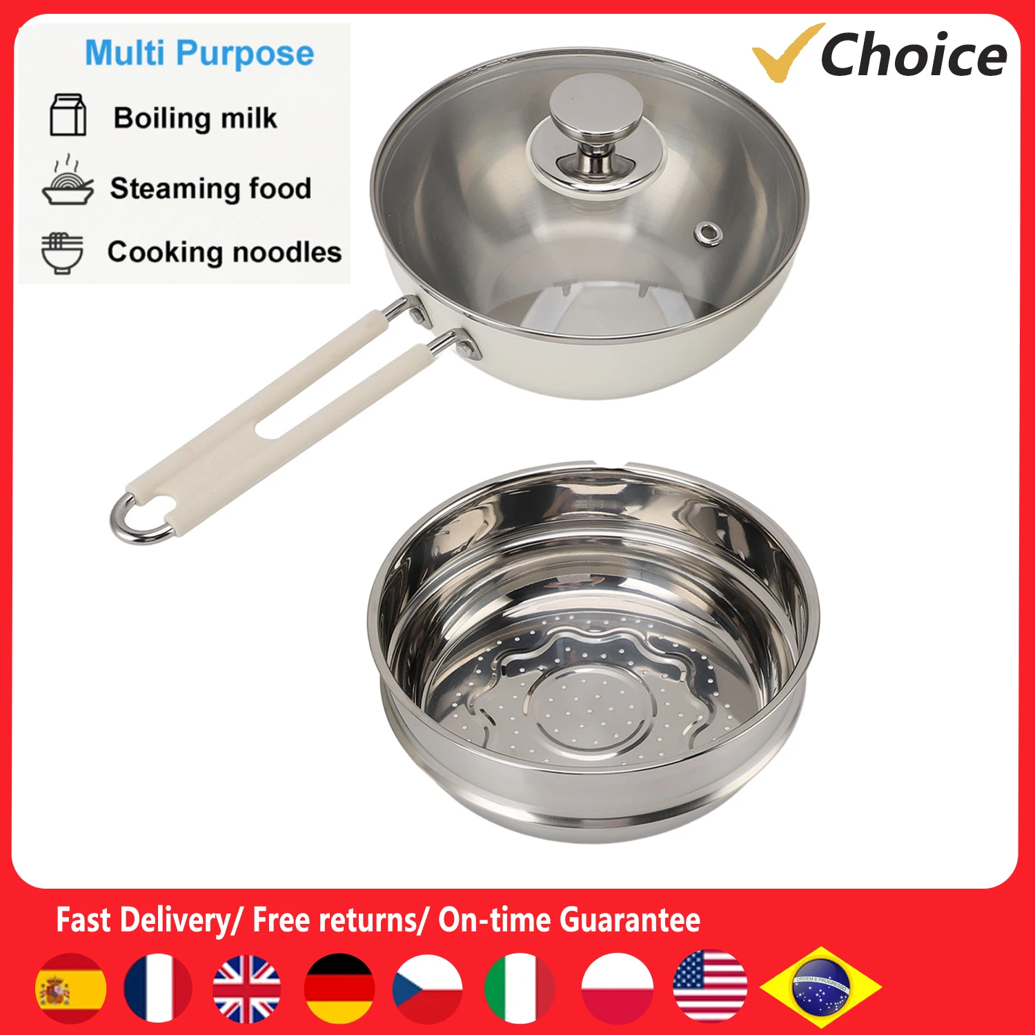 

Noodle Pot Saucepan with Steaming Basket 316 Stainless Steel Non Stick Sauce Pan Noodle Pot with Anti Scald Handle for Kitchen