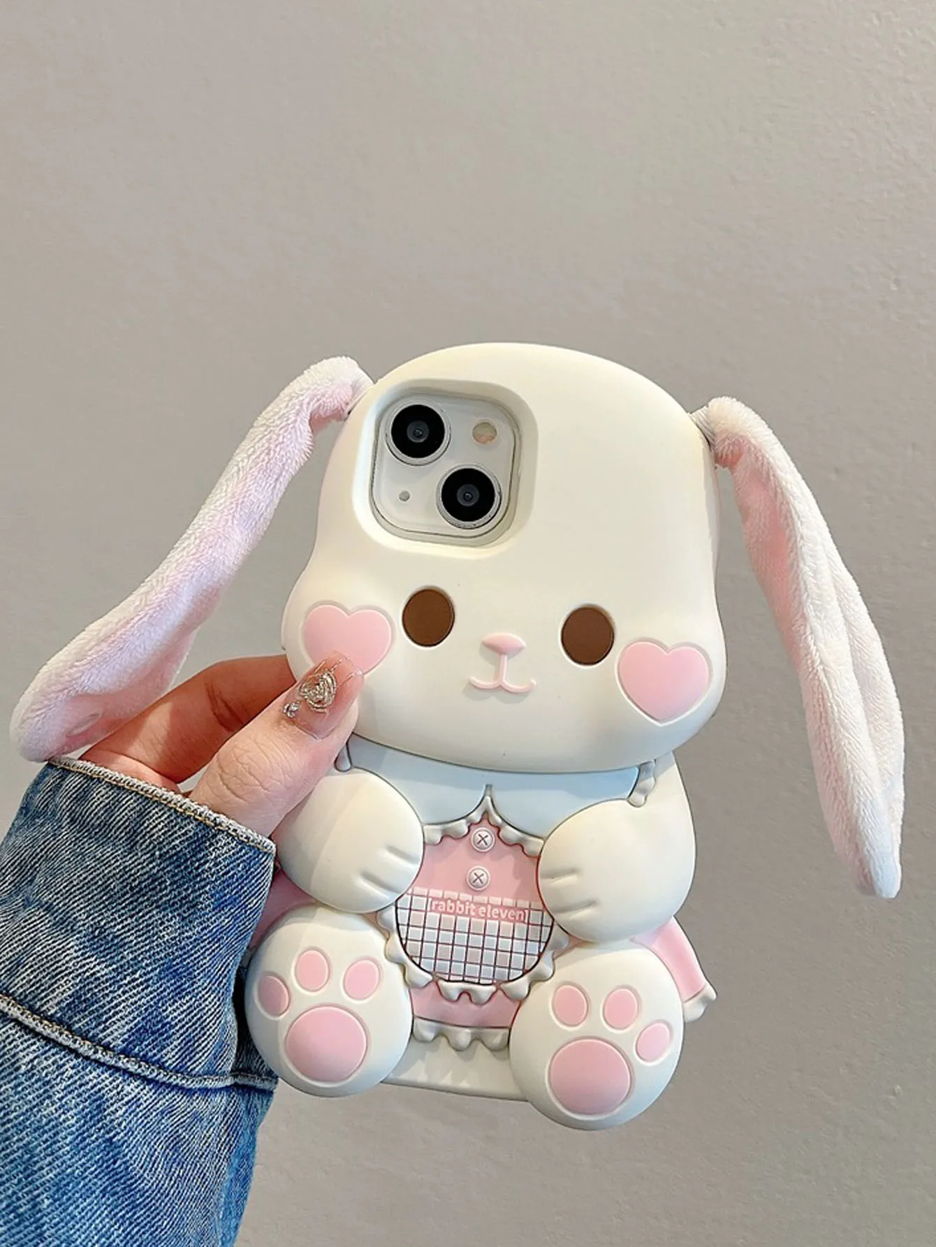 Cute 3D Plush Ear Rabbit Suitable For 15 Phone Cases iPhone 14 Pro Max 13 12 Silicone Soft Case Fall Protection Case