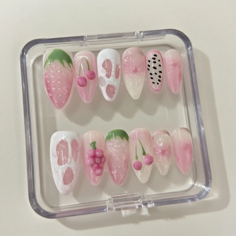 

10Pcs Handmade Nails Set Sweet Almond Acrylic Press on Nails with 3D Grape Strawberry Fruit Design False Nail Perfect for Summer