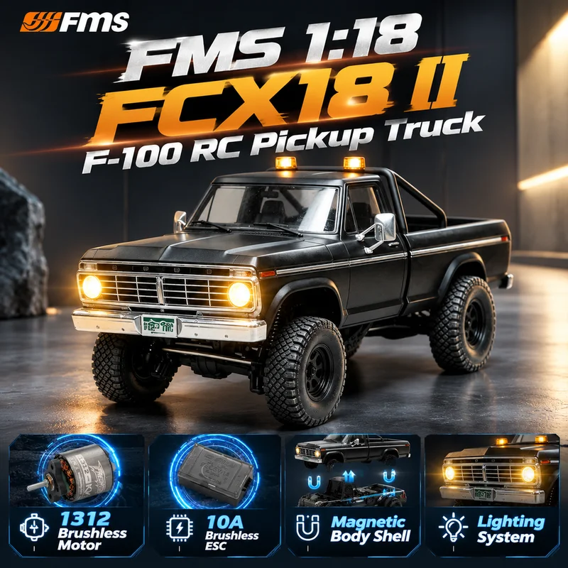 FMS 1:18 FCX18 II F-100 New Brushless Simulation Ford Remote Control Two-speed Climbing Off-road Pickup Electric Model With LED