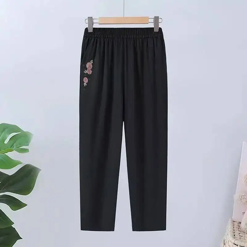 

Middle-Aged Elderly Women's Women Straight Pants Casual Elastic High Waisted Embroidery Cropped Pants Fashion Trousers Feminina