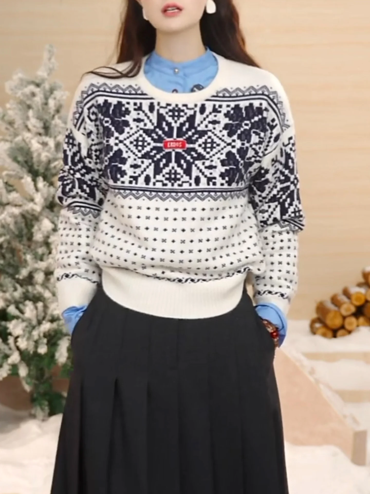 

Retro Chinese Embroidered round Ne plus Size Women's Long Sve Knitted Sweater Autumn Winter Slimming Versatile Sweater