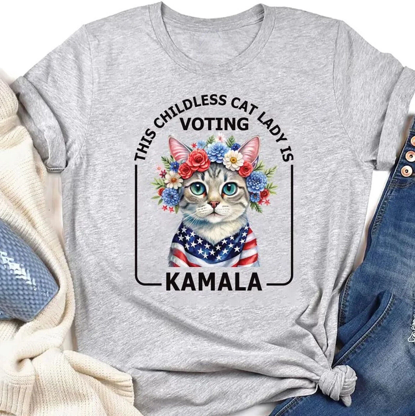 Kamala Harris President 2024 Shirt, Childless Cat Lady Shirt, Kamala Rally Tee Woman and Man Printed T-shirt Tops Fashion O-neck