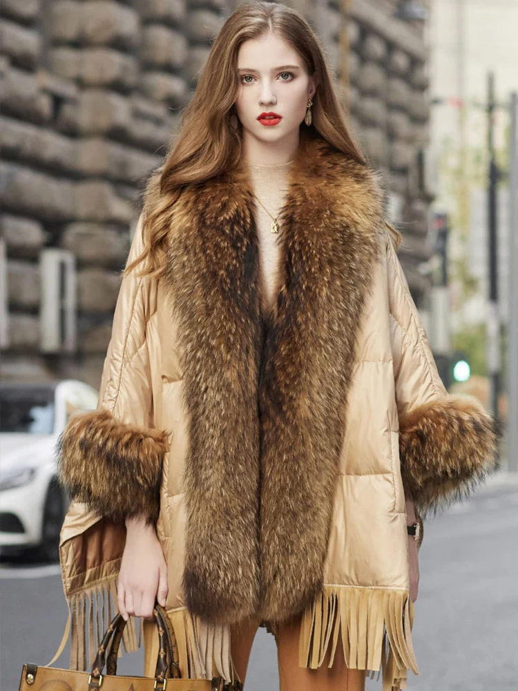 Janveny Big Natural Raccoon Fur Collar 2024 Winter Duck Down Jacket Women Feather Puffer Coat Female Loose Luxury Real Fur Parka