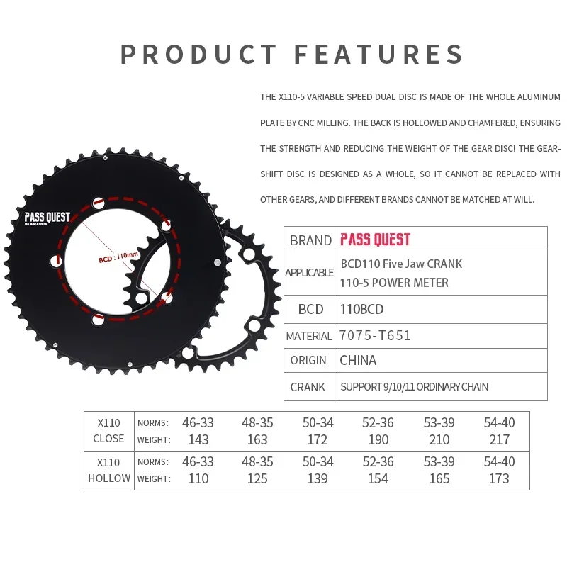 PASS QUEST 110BCD 5-Claw Chainring 46-33T/48-35T/50-34T/52-36T/53-39T/54-40T/56-42T 2X Sprocket for 11-12 Speed Road/Gravel Bike