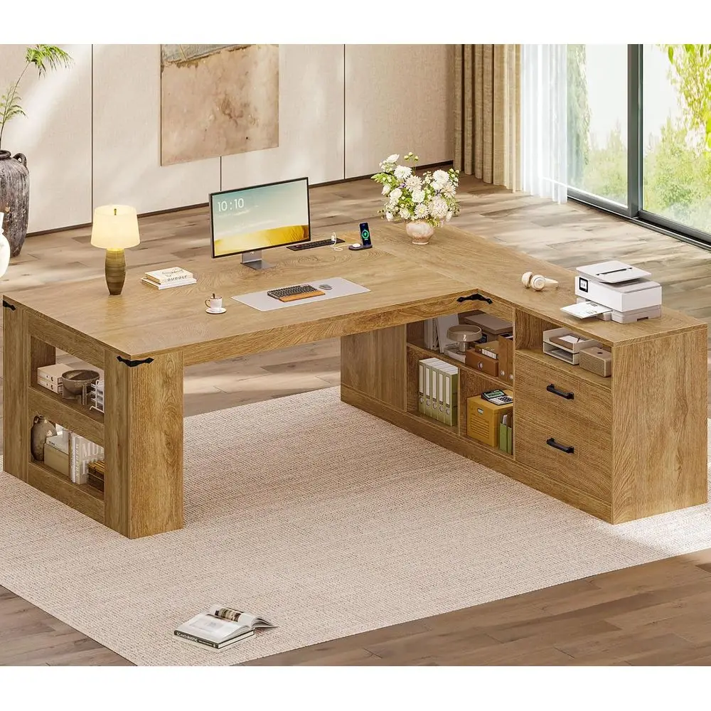 

L-Shaped Oak Executive Desk with Storage and Power Outlets