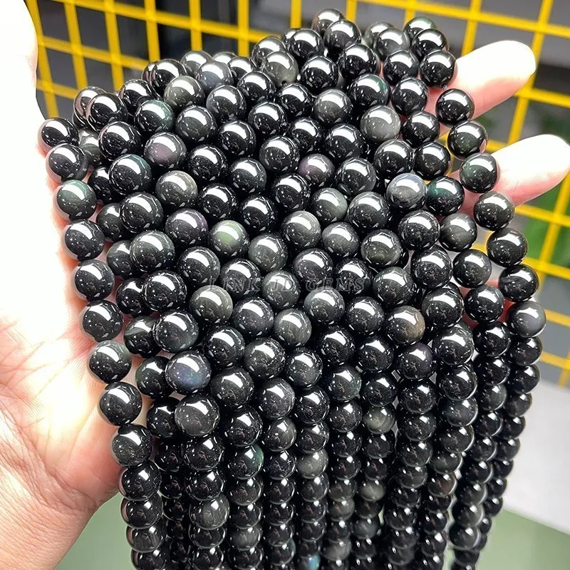 5A Smooth Natural Stone Beads Black Obsidian Round Loose Spacer Bead For Jewelry Making DIY Charm Bracelets Necklace Accessories