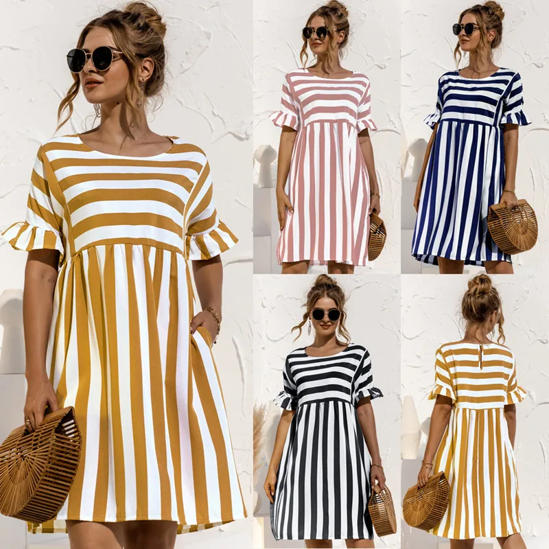 

Women Elegant Ruffle Sleeve Striped Patchwork A Line Dress Nice Summer Casual High Waist O Neck Loose Pocket Dresses Beach Wear