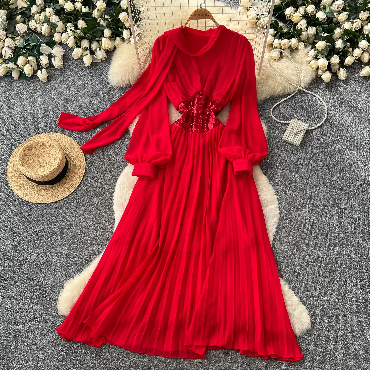 Elegantes Vintage-Maxikleid mit Schleife und Puffärmeln, A-Linie, hohe Taille, Urlaubs- und Partykleid für Damen, französischer Frühlings- und Sommerstil, Vestidos