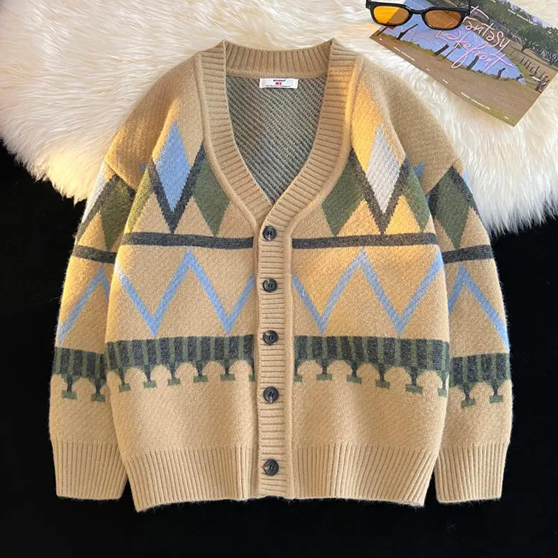 Vintage Print Autumn Winter Jacket Knitted Cardigan High-end Coats Sweater Warm Casual Loose Tops Long Sleeve Single Breasted