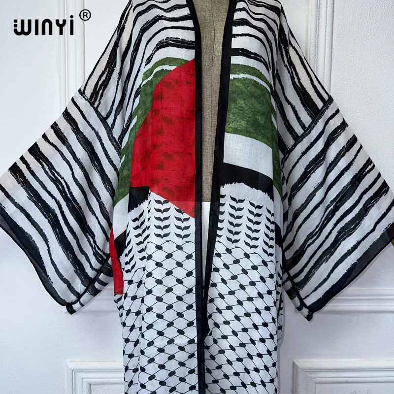 WINYI kimono sweter z nadrukiem wschodu abaya dubaj luksusowe eleganckie stroje plażowe dla kobiet seksowna bawełniana sukienka kaftan