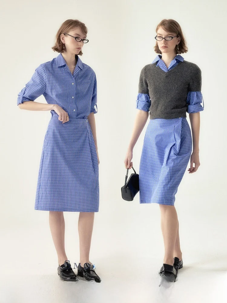 

SMORE RIVERS Luxury Long Sve irt And f Skirt Set Vintage Plaid Cotton 00% Commute Sle Regular Fit Button Detail