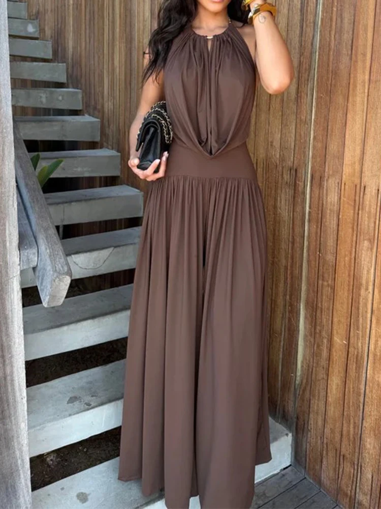 

Summer Casual Sleeveless Wide Legger 2Pc Outfits Sexy Halter Draped Top & Long Pant Women's Suit Elegant Backless Hollow Out Set