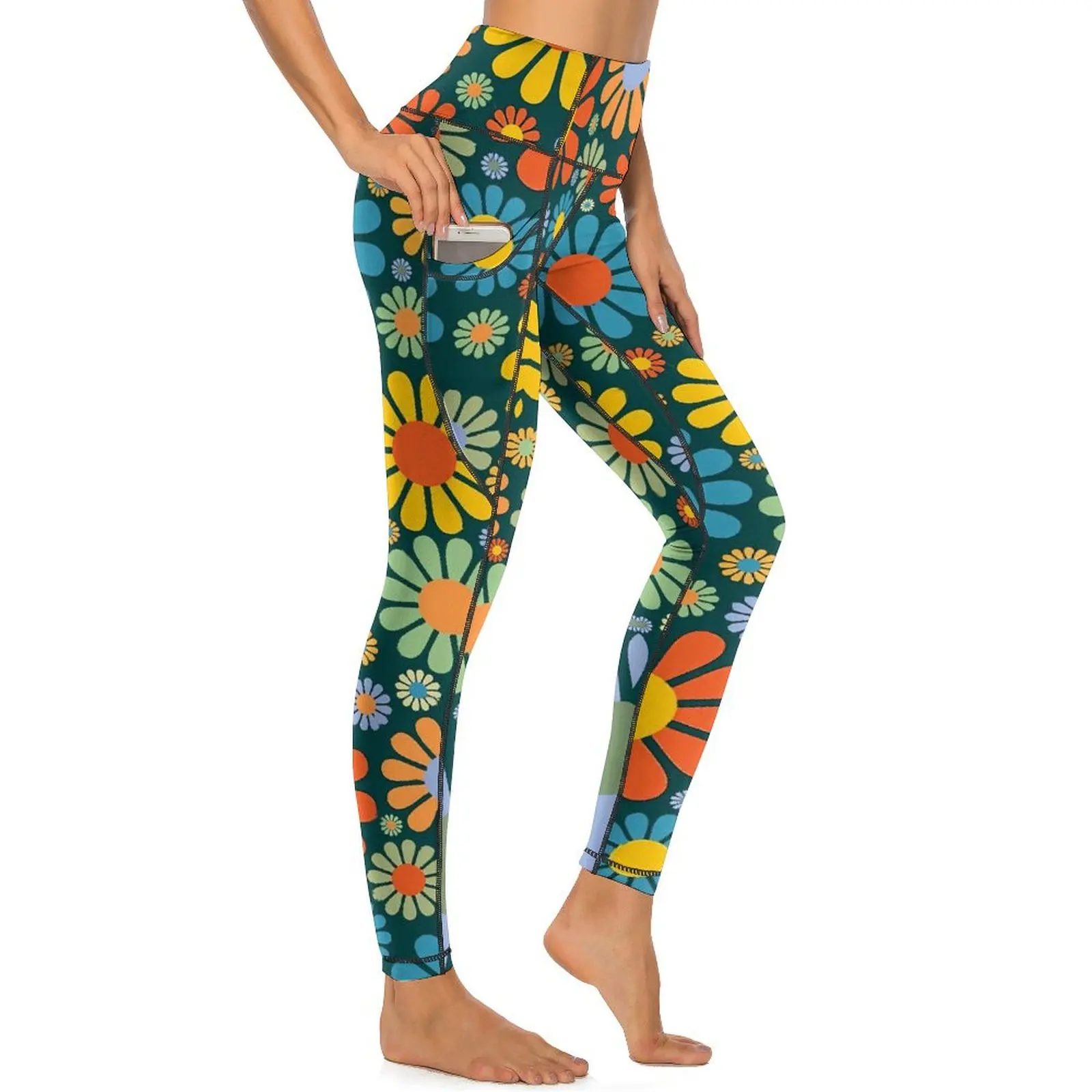 Retro Flower Power Leggings Sexy Colorful Floral Print Gym Yoga Pants High Waist Stretch Sports Tights Casual Graphic Leggins