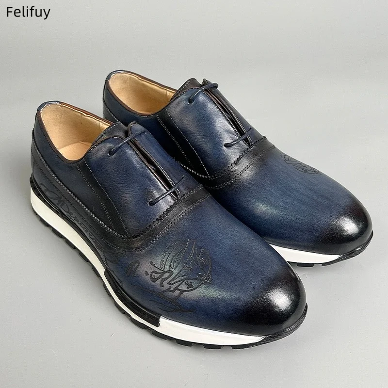 Blue Vintage Designer Business Casual Sneaker Shoes for Men Genuine Leather Lace-up Basic Outdoor Footwear Daily Flat Oxfords
