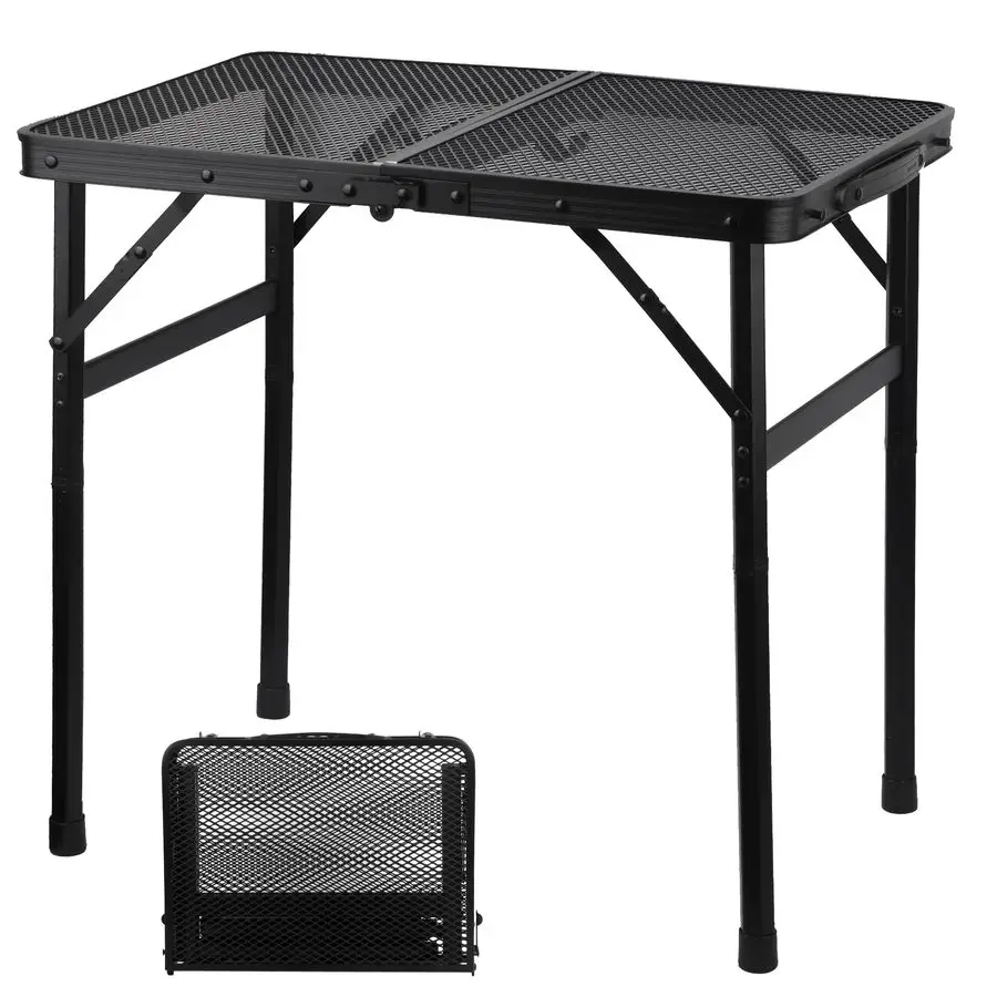 Mesa de Camping con Superficie de Malla, Mesa Plegable Pequeña, Ligera y Portátil, Mesa de Exterior de Metal con Altura Ajustable para