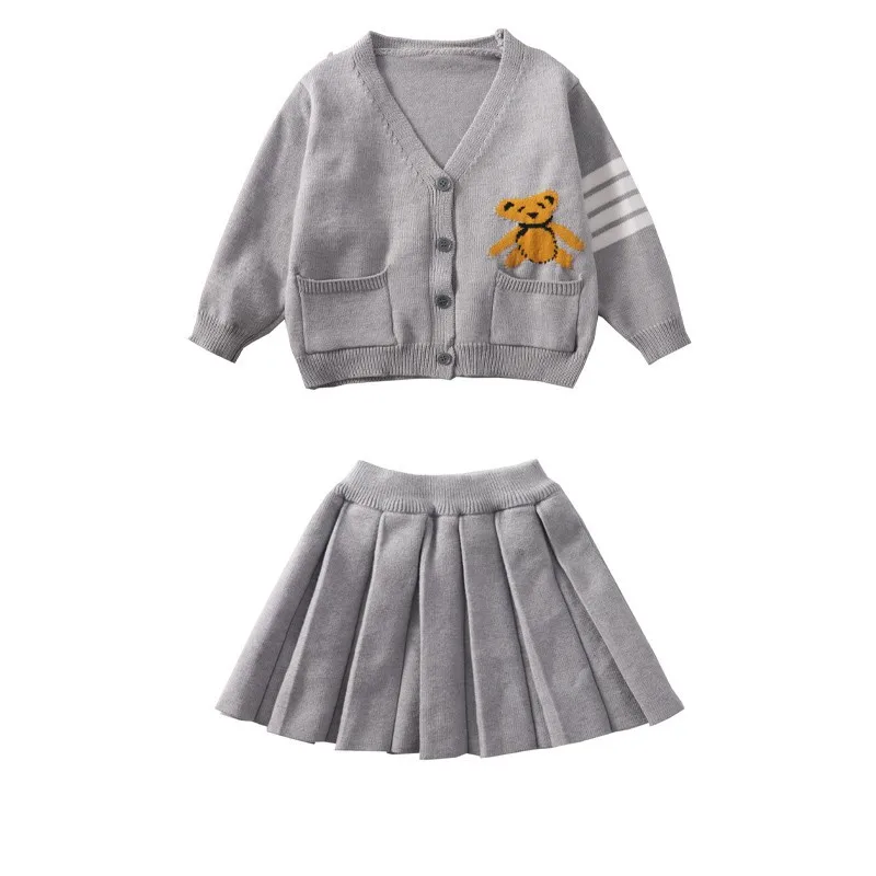 Girls' Autumn and Winter Clothes Suit New Children's Preppy Style Sweater Cardigan Dress Western Style Baby Girl Two-Piece Suit