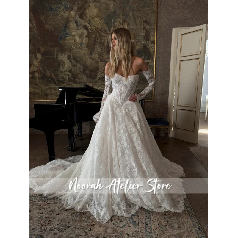 Customized White Detachable Sleeves Wedding Dresses Off the Shoulder Lace Bridal Gown Elegant A-Line Wedding Gown 2026
