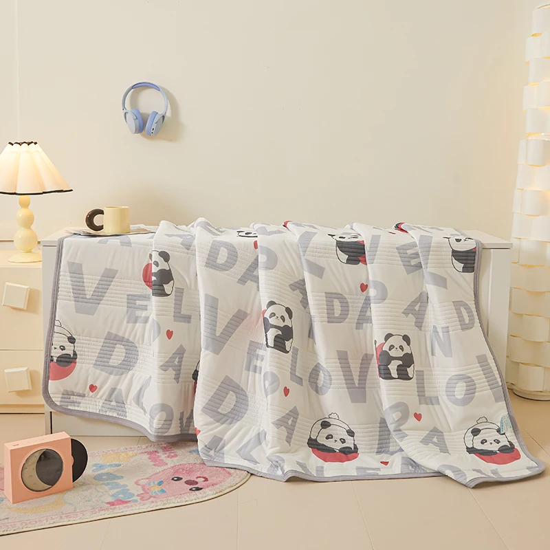 Cute Panda with Letter Summer Cool Quilt Air Conditioning Quilts Core Ice Silk Thin Comforter Blanket Washable Cool Silk Quilt