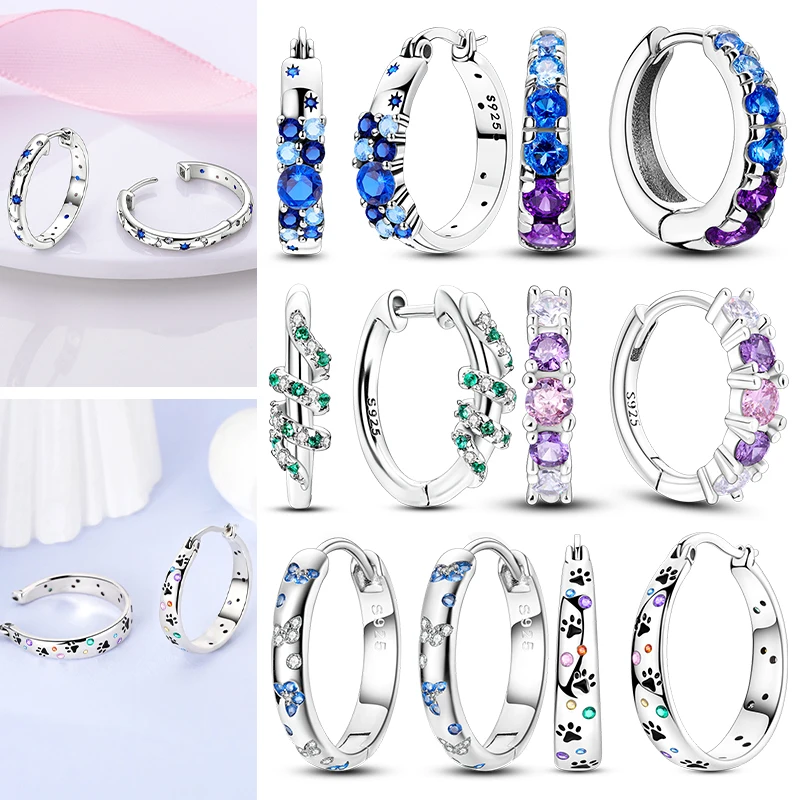 925 Sterling Silver Round Hoops Earrings for Women Simple Starlight Colorful Paw Print Earrings Wedding Party Women Jewelry Gift