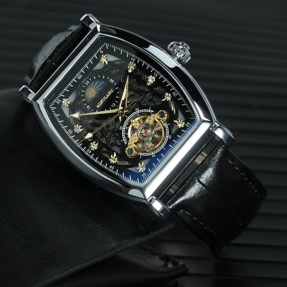 Aokulasic Men’s Automatic Skeleton Tonneau Watch Leather Strap 41mm AOKULASIC Tourbillon Iced Out Skeleton Automatic Mechanical  main image 2