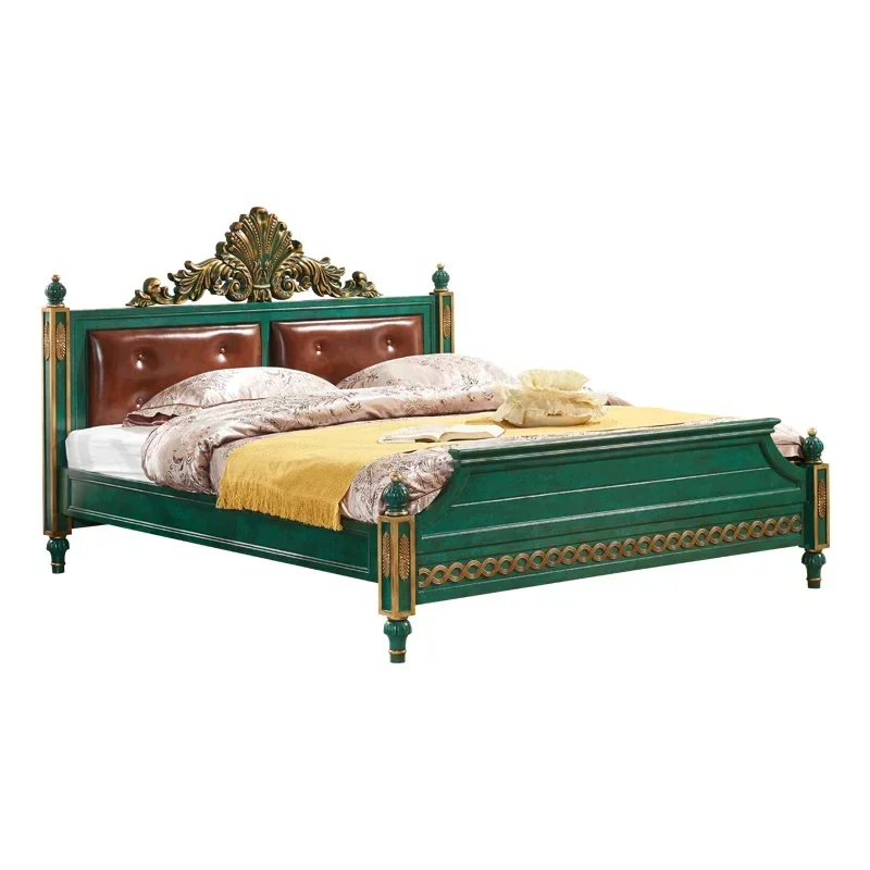 

European Bed Double Bed Solid Wood Master Bedroom 1.8 M Marriage Bed Peacock Green American Retro Affordable Luxury Leather