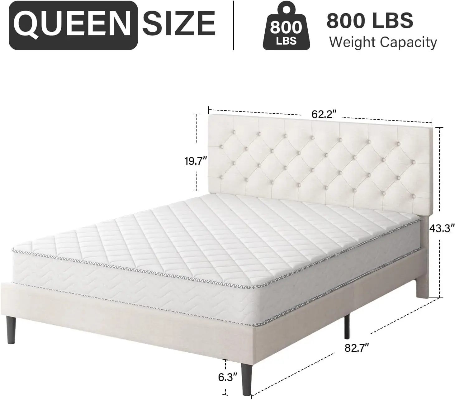 Queen Bed Frame with Headboard, Linen Fabric Upholstered Bed Frame Queen, Wood Slats Support, Button Tufted, White