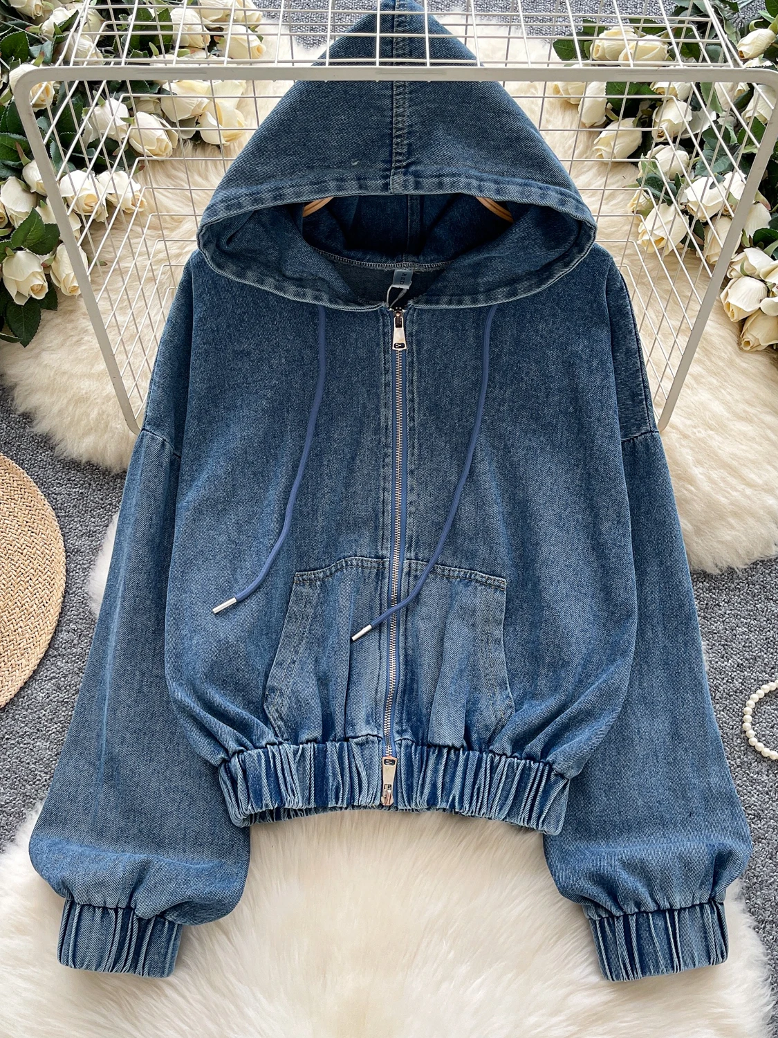 

Гонконг Sle, повседневная свободная джинсовая куртка на молнии, женская осенняя дизайнерская верхняя одежда с капюшоном и шнурком