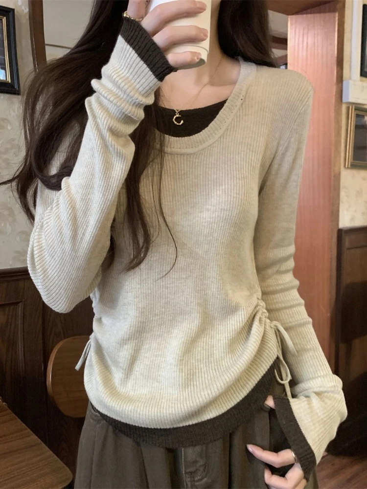 2026 Autumn New Knitted Top Korean Style Color Blocking Collar Sweater Mujer Fashion Drawstring False Two-piece Pullover