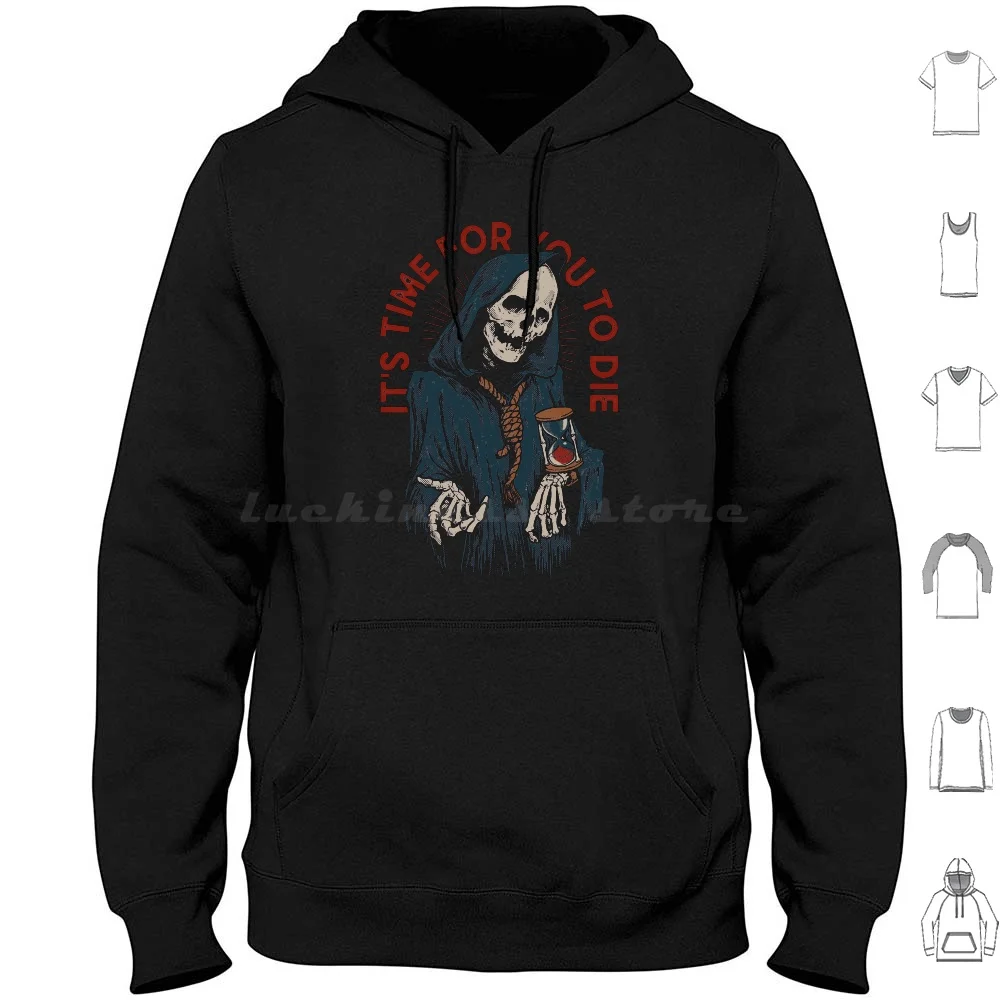 Reaper'S Time Hoodies Long Sleeve Vintage Retro Reaper Grim Reaper Halloween Funny Fun Hourglass Skul Skeleton Horror