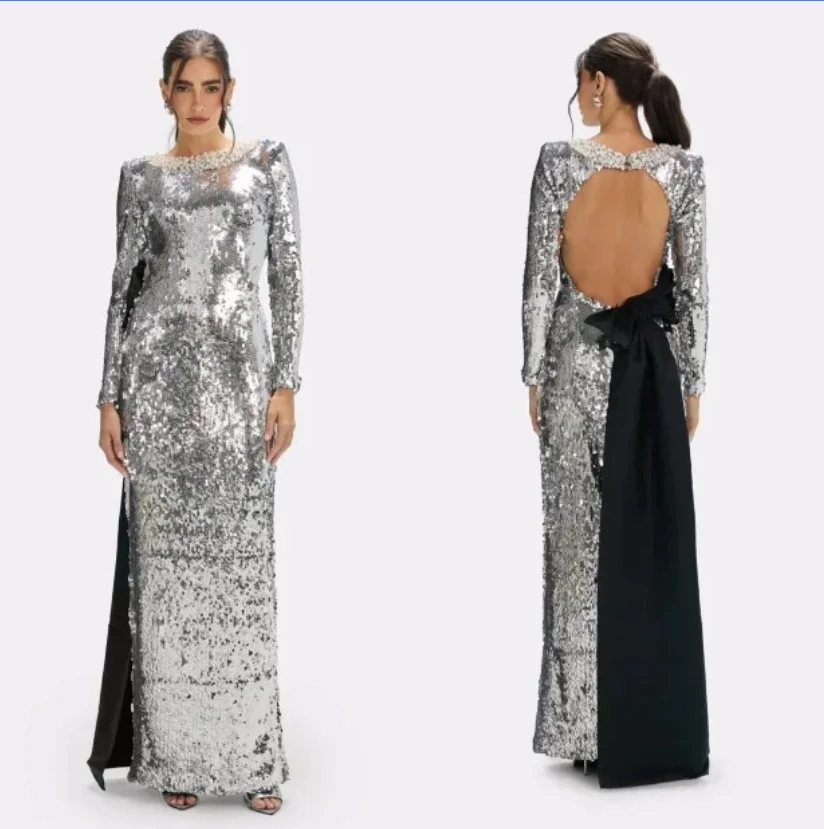 Silver Sequins Pearls Prom Dress Sexy Backless Full Sleeves Bow Long Party Gown Formal Wedding Guest Birthday Evening Robe