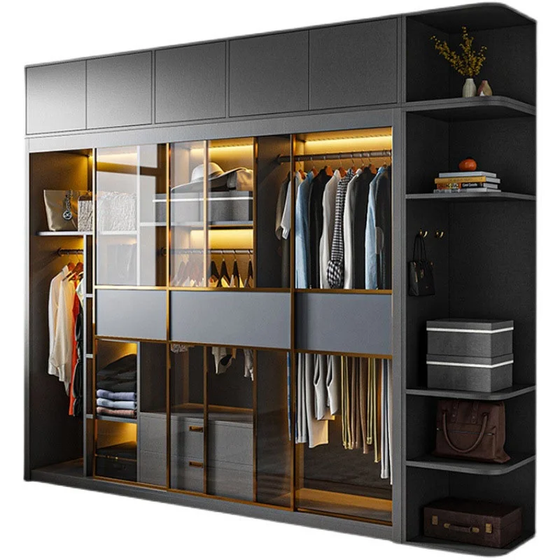 simple storage cabinet combination economy small apartment sliding black glass door wardrobe